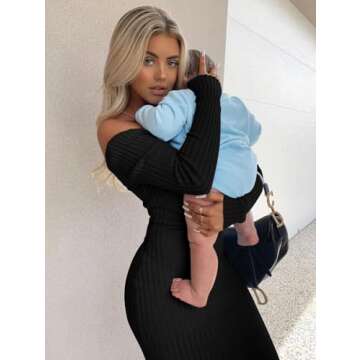 BEAGIMEG Women's Sexy Long Sleeve Off Shoulder Knit Bodycon Long Dress