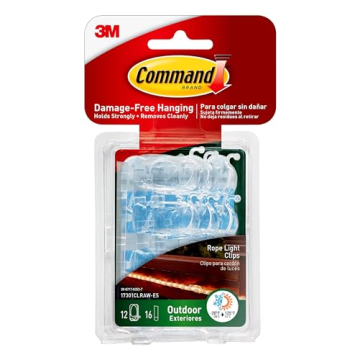 Command Outdoor Rope Light Clips, 12 Hooks and 16 Command Strips, Damage Free Hanging Christmas Deco...