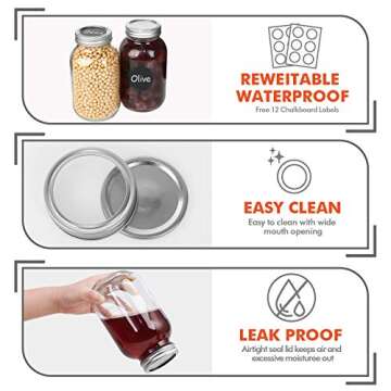 Eternal Moment Glass Regular Mouth Mason Jar 32 oz 12 Pack with Lids and Bands, Canning Jars for Meal Prep, Food Storage, Overnight Oats, Jelly, Dry Food, Spices, Salads, Yogurt, Decorating Jar