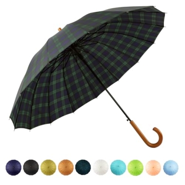 SoulRain 16 Ribs 48" Windproof Umbrella with Wood Handle - Grid Navy