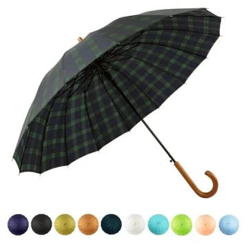 SoulRain 16 Ribs 48" Windproof Umbrella with Wood Handle - Grid Navy