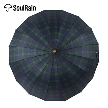 SoulRain Windproof Umbrella 16 Ribs Wood Handle Grid Navy