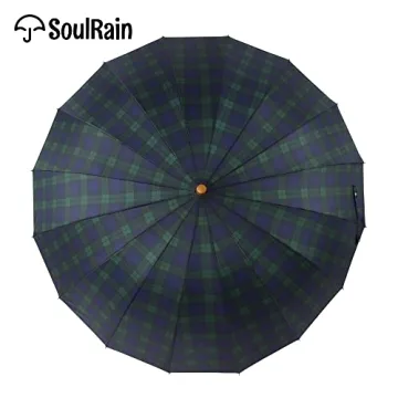 SoulRain Windproof Umbrella 16 Ribs Wood Handle Grid Navy