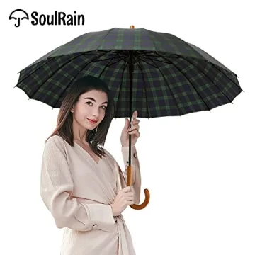 SoulRain Windproof Umbrella 16 Ribs Wood Handle Grid Navy