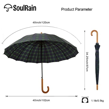 SoulRain Windproof Umbrella 16 Ribs Wood Handle Grid Navy