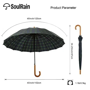SoulRain Windproof Umbrella 16 Ribs Wood Handle Grid Navy