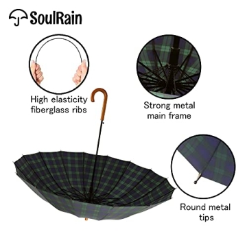SoulRain Windproof Umbrella 16 Ribs Wood Handle Grid Navy