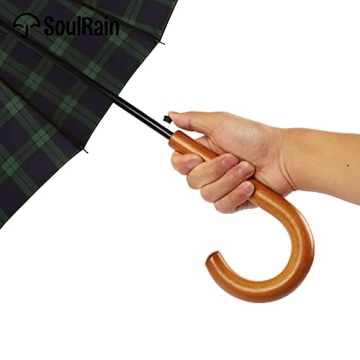 SoulRain Windproof Umbrella 16 Ribs Wood Handle Grid Navy