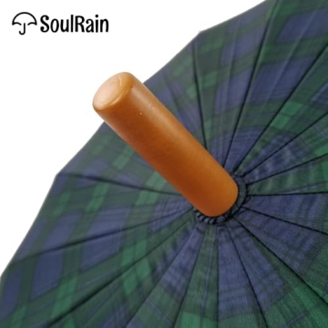 SoulRain Windproof Umbrella 16 Ribs Wood Handle Grid Navy