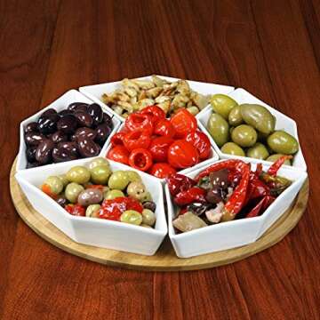 Elama Ceramic Stoneware Condiment Appetizer Set, 7 Piece, Geometric Round in White and Natural Bamboo