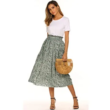Boho Floral High Waist Pleated Midi Skirt for Women
