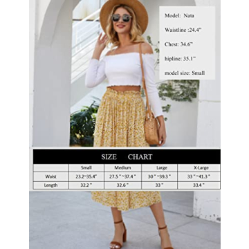 Boho Floral High Waist Pleated Midi Skirt for Women