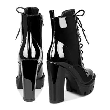 wetkiss Black Platform Boots for Women, Black Boots for Women Heeled Combat Boots Womens Ankle Boots Chunky Boots Black Booties for Women Patent Leather Boots Lace Up High Heel Boots Glossy Boots