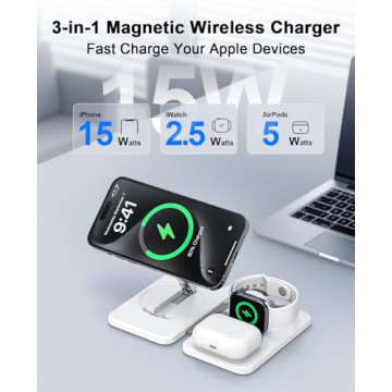 3 in 1 Magnetic Wireless Charger for Apple Multiple Devices, Foldable Fast Charging Station - Magsaf...