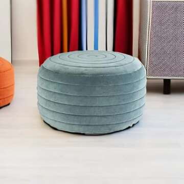 SIMPLIHOME Vivienne Boho Round Pouf in Turquoise Velvet, Footstool, Footrest, Upholstered, for the Living Room, Family Room
