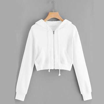 Women Hoodies Basic Lightweight Pullover Hoodies Teen Girls Crop Tops Long Sleeve Zip-Up Sweatshirt with Pocket White