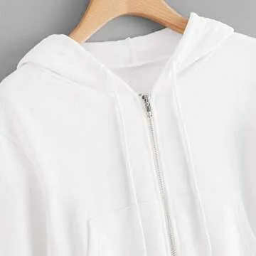Women Hoodies Basic Lightweight Pullover Hoodies Teen Girls Crop Tops Long Sleeve Zip-Up Sweatshirt with Pocket White