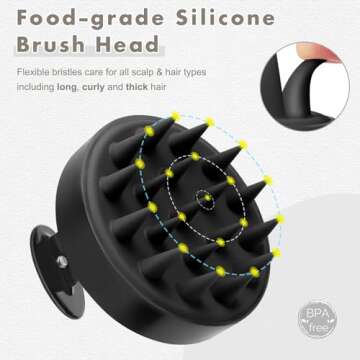 FREATECH Scalp Massager Hair Growth, Scalp Scrubber with Soft Silicone Bristles for Dandruff and Hair Care, Shampoo Brush Hair Massager Scalp Exfoliator for Wet & Dry, Long Curly Thick Hair, Black