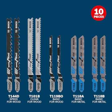 BOSCH T5002 T-Shank Multi-Purpose Jigsaw Blades, 10 Piece Set for Wood and Metal Cutting