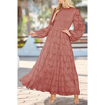 MITILLY Women's Elegant Floral Long Sleeve Round Neck Smocked A-Line Flowy Tiered Maxi Dress with Po...