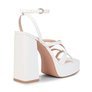 ISNOM Chunky Heel for Women White Block Heels Women's Heeled Sandals Platform Chunky Heels for Women White Ankle Strap Heels for Women High Heel Sandals
