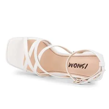 ISNOM Chunky Heel for Women White Block Heels Women's Heeled Sandals Platform Chunky Heels for Women White Ankle Strap Heels for Women High Heel Sandals