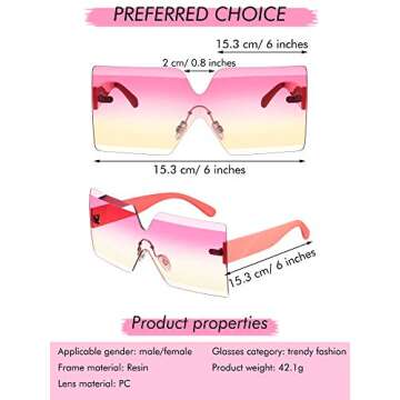 Weewooday 4 Pairs Oversized Square Sunglasses Rimless Frame Candy Color Glasses Transparent Square Glasses for Women (Pink Series)