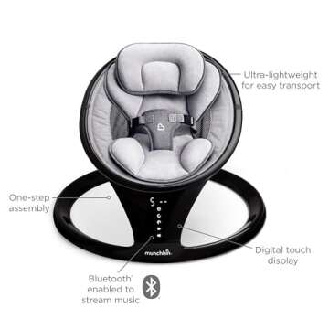 Munchkin Baby Swing, Portable and Lightweight, Bluetooth Enabled Electric Infant Rocker with Natural Sway in 5 Ranges of Motion, Newborn Nursery Essentials, Black/Grey