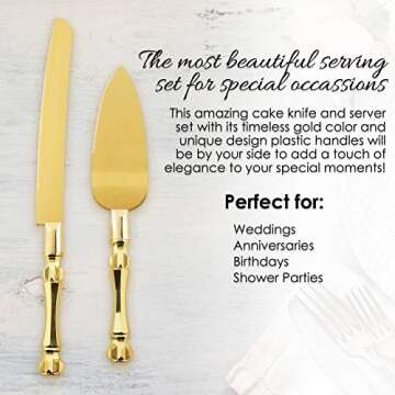 Homi styles Gold Elegant Cake Knife and Server Set, Cake Server and Knife Set of 2 with 420 Stainless Steel Plated Thick Blades, Cake Cutting Set for Wedding, Birthdays, Anniversaries, and Parties