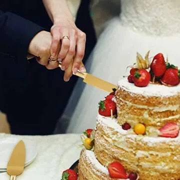 Homi styles Gold Elegant Cake Knife and Server Set, Cake Server and Knife Set of 2 with 420 Stainless Steel Plated Thick Blades, Cake Cutting Set for Wedding, Birthdays, Anniversaries, and Parties