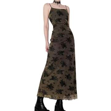 Women Vintage Floral Print Spaghetti Strap Maxi Dress Dark Gothic Sheer Mesh Sleeveless Bodycon Dresses for Party Club