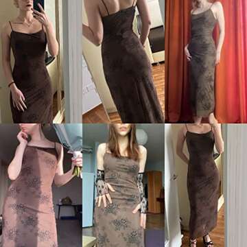 Women Vintage Floral Print Spaghetti Strap Maxi Dress Dark Gothic Sheer Mesh Sleeveless Bodycon Dresses for Party Club