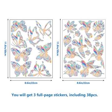 Lystaii 38 Pcs Window Clings Window Rainbow Decals Stickers for Anti Collision Bird Strikes Prevent Bird Strikes Hitting on Glass Windows Transparent Suncatcher Stickers (Bird,Butterfly, Leaf)