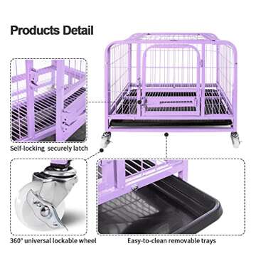 Jongee Heavy Duty Dog Crate Cage Strong Metal Dog Kennel with Lockable Wheels and Tray for Small ＆ Medium Dog, 30×21×28inches, Orchid