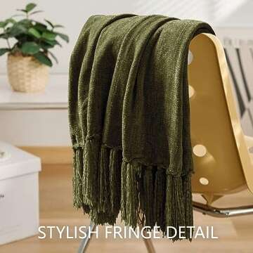 LONG CREATE Chenille Throw Blanket for Couch 50"X 60", Soft Cozy Throws with Fringe Tassel for Bed Sofa Chair, Lightweight Knitted Decorative Farmhouse Boho Blanketss for Gift, Olive Green