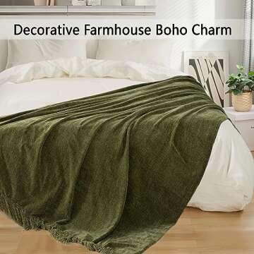 LONG CREATE Chenille Throw Blanket for Couch 50"X 60", Soft Cozy Throws with Fringe Tassel for Bed Sofa Chair, Lightweight Knitted Decorative Farmhouse Boho Blanketss for Gift, Olive Green