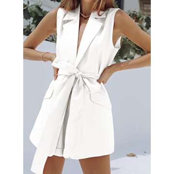 ARTFREE Women's Sleeveless Blazer Vest Casual Long Open Front Lapel Work Office Blazer Jackets with Belt White