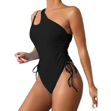 Lilosy Plus Size Sexy One Shoulder Tummy Control One Piece Swimsuit Ruched High Cut Leg Rise Cutout Thong Cheeky Brazilian Bathing Suit Women Drawstring String Tie Side Monokini Black 2# Large