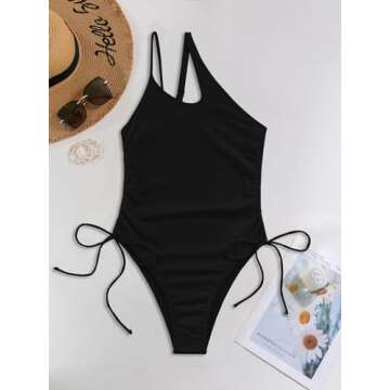 Lilosy Plus Size Sexy One Shoulder Tummy Control One Piece Swimsuit Ruched High Cut Leg Rise Cutout Thong Cheeky Brazilian Bathing Suit Women Drawstring String Tie Side Monokini Black 2# Large