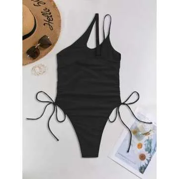 Lilosy Plus Size Sexy One Shoulder Tummy Control One Piece Swimsuit Ruched High Cut Leg Rise Cutout Thong Cheeky Brazilian Bathing Suit Women Drawstring String Tie Side Monokini Black 2# Large