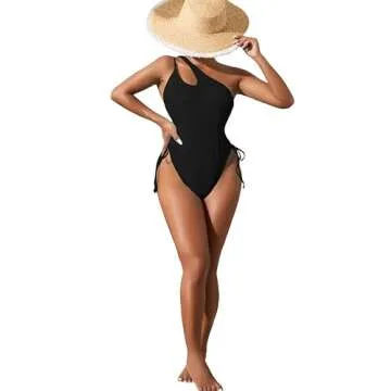 Lilosy Plus Size Sexy One Shoulder Tummy Control One Piece Swimsuit Ruched High Cut Leg Rise Cutout Thong Cheeky Brazilian Bathing Suit Women Drawstring String Tie Side Monokini Black 2# Large