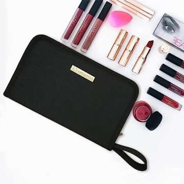 ROWNYEON Lipstick Organizer Bag Lipstick Holder Case 22 Slots Travel Lipstick Carrying Case Professional Makeup Artist Portable Storage Bag For Lip Gloss,Lipsticks-Black
