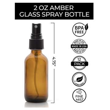 Set of 12, 2oz Amber Glass Spray Bottles for Essential Oils - with Fine Mist Sprayers - Made in the USA