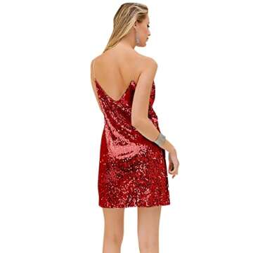 ANKOMINA Women Sexy Glitter Sequin Spaghetti Straps Bodycon Sleeveless Deep V Neck Club Party Mini Dress Red