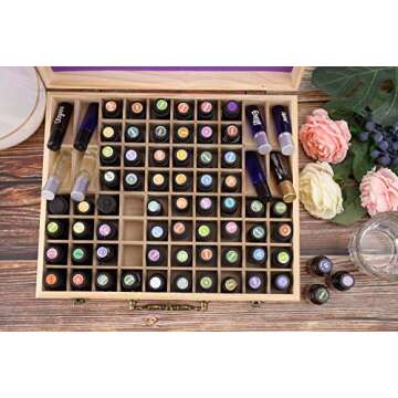 Soligt 72 Bottle Wooden Essential Oils Storage Box with Handle, 64 Slot for 5-15ml Essential Oils & 8 Slot for 10ml Roller Bottles