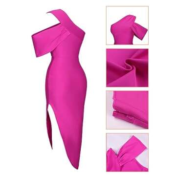 UONBOX Women's One Shoulder Side Split Asymmetrical Bodycon Sleeveless Midi Party Cocktail Bandage Dress Rose Red S