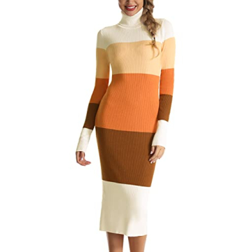 Rocorose Women's Pullover Sweater Dress Casual Long Sleeve Retro Chic Colorblock Tunic Dress Beige and Orange S