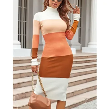 Rocorose Women's Pullover Sweater Dress Casual Long Sleeve Retro Chic Colorblock Tunic Dress Beige and Orange S