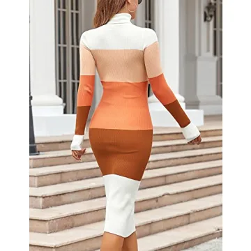 Rocorose Women's Pullover Sweater Dress Casual Long Sleeve Retro Chic Colorblock Tunic Dress Beige and Orange S