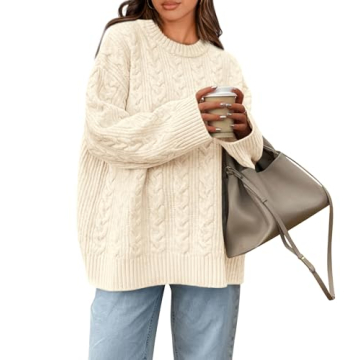 Okiwam Women's Oversized Sweaters Long Sleeve Crewneck Chunky Knitted Pullover 2025 Fall Solid Color Jumper Tops-S Beige White